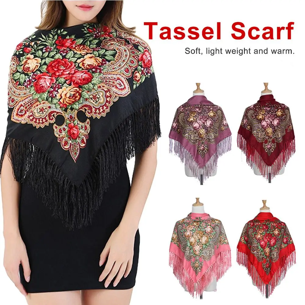 

Women Cotton Floural Printing Russian Style Big Size Wraps Square Scarf Shawl Tassel Scarf