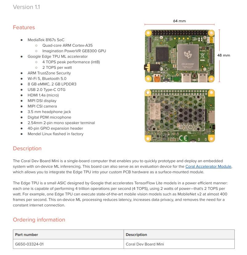 G650-03324-01 SOM CORAL DEV BOARD MINI Development Tools Evaluation Board