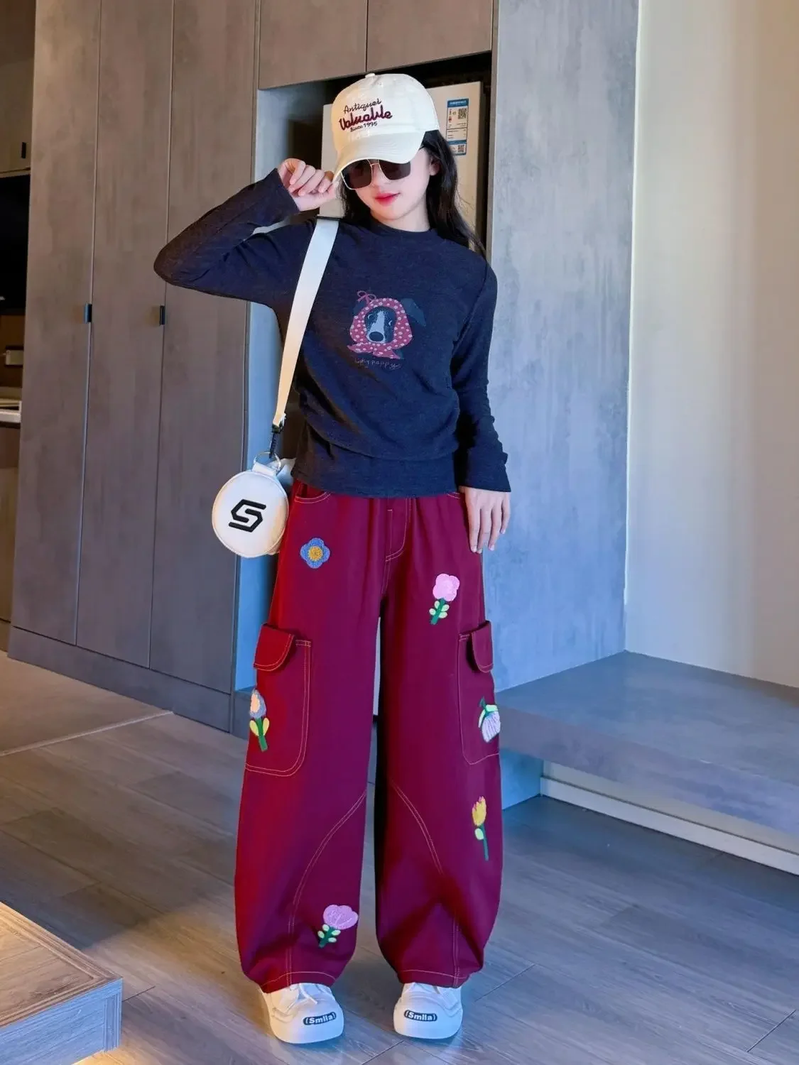 Vintage Floral Print Girls' Cargo Pants Burgundy Spring Middle School Workwear Slimming Versatile Trousers with Multiple Pockets 6