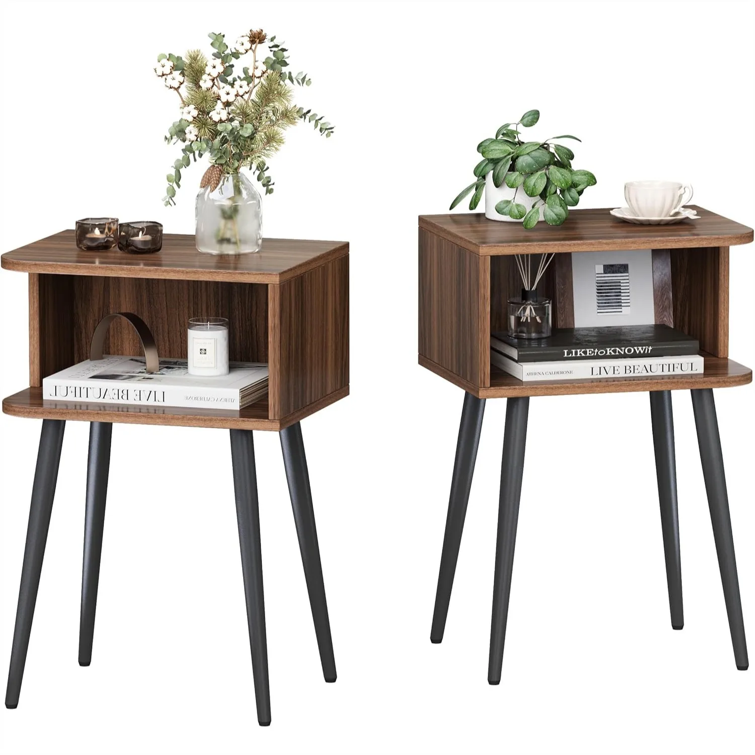 

Nightstand Set of 2, Small Bed Side Table for Small Spaces, Mid Century Modern End Table with Open Storage, Walnut Brown