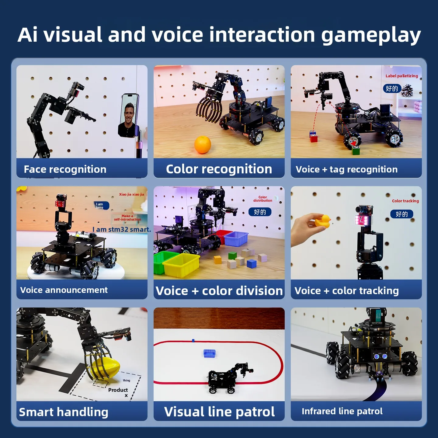 STM32 AI Vision Mecanum Wheel Robot Car with Robotic Arm – 4WD Programmable Chassis, OpenMV, for STEM Education & Coding