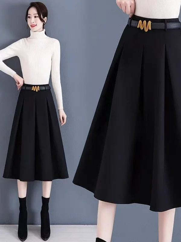 

Юбка-миди трапециевидной формы с высокой талией, женская осенне-зимняя корейская юбка из полиэфирного волокна с поясом, прямой крой