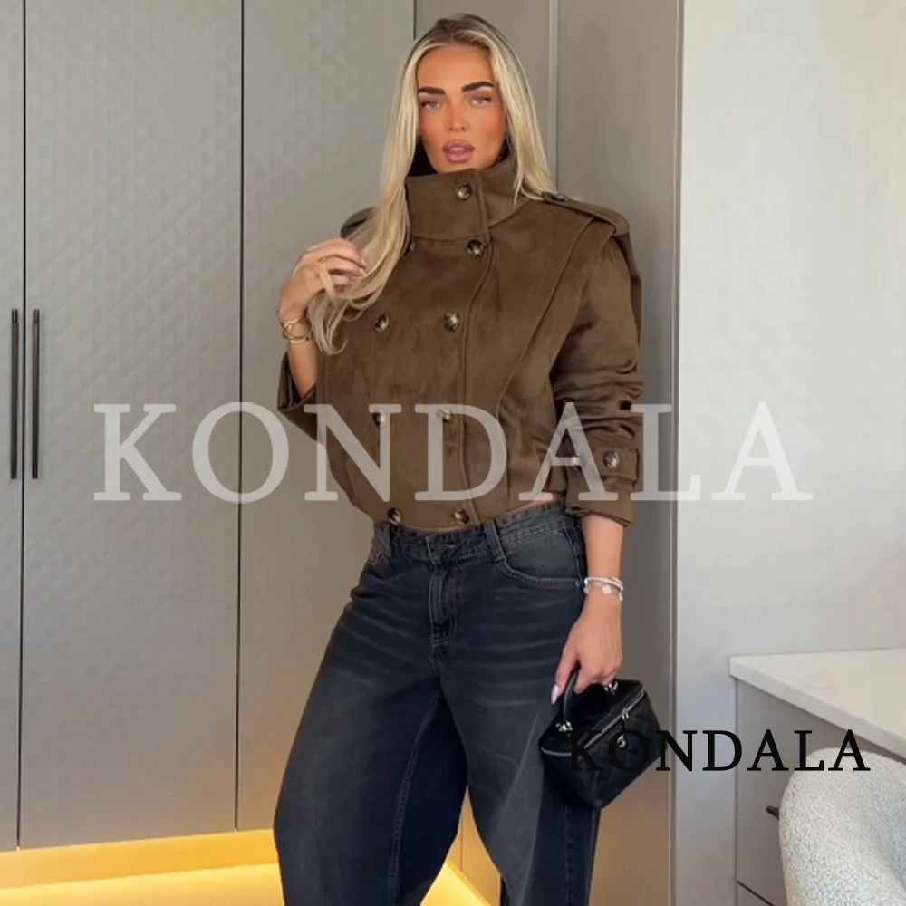 KONDALA Women Fall Winter Retro Double-breasted Short Trench Jacket Faux Suede Stand-Collar Jacket 2026 Trendy Street Style Coat