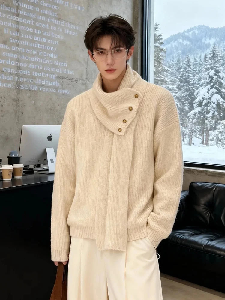 

Мужской свитер с высоким воротником, зимний, повседневный, свободного кроя, вязаный, белый, с воротником-шарфом, в корейском стиле, верхняя одежда