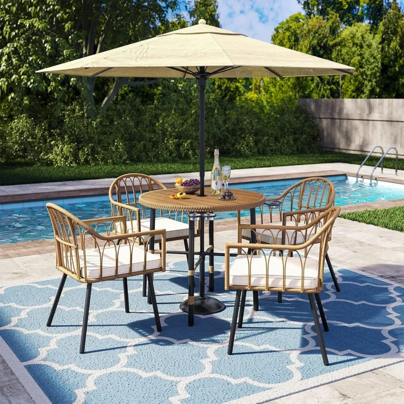 

4-Piece Rattan Wicker Dining Chairs, All-Weather Indoor Outdoor Patio Chairs with Soft Cushion & Curved Backrest, Durable Bistro