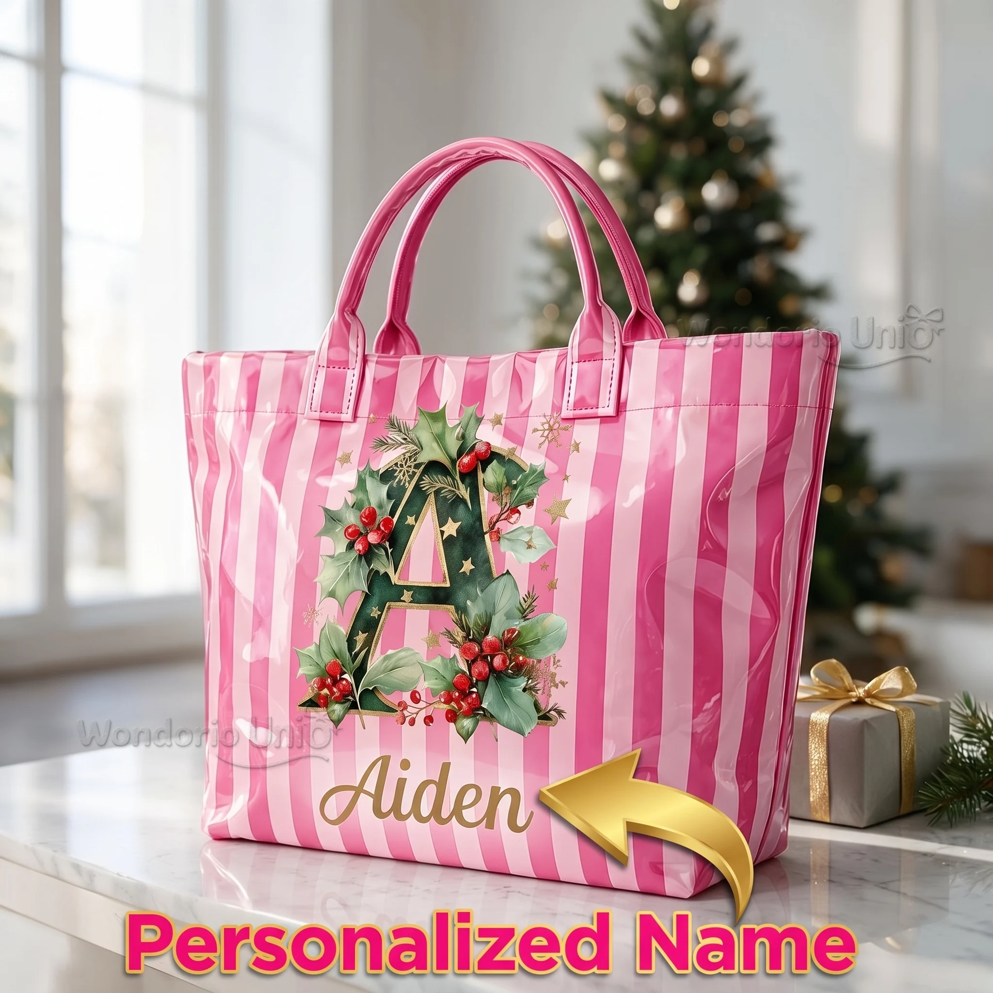 Personalized Custom Name Tote Bag Christmas PVC Waterproof Large Capacity Reusable Shopping Handbag Gift for Women Holiday