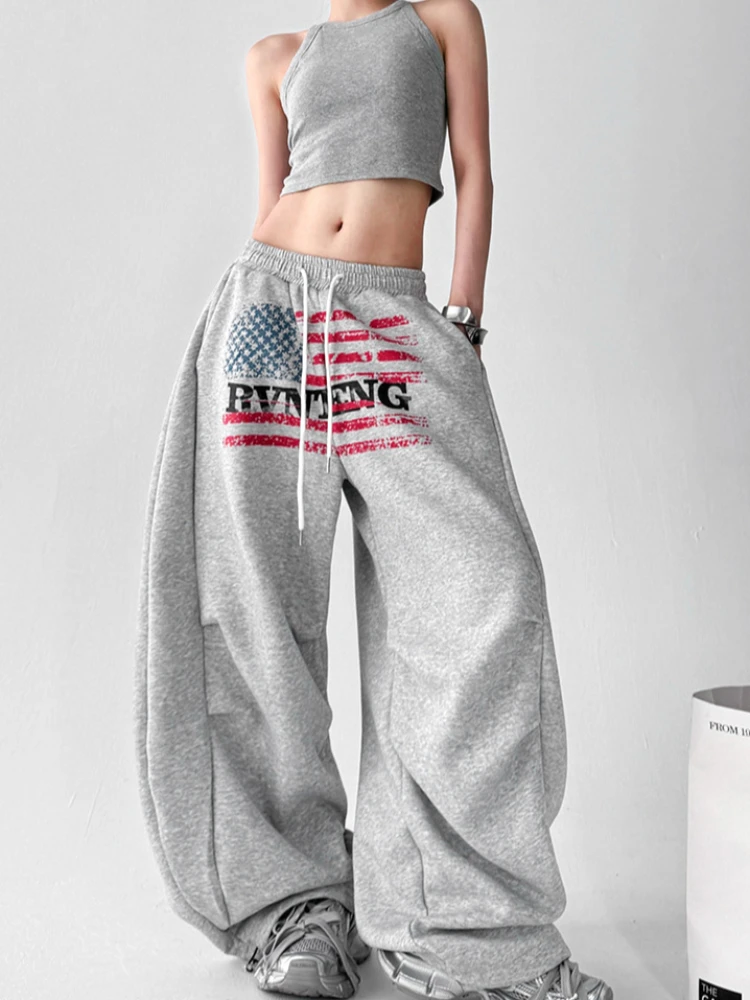 

Дизайн с принтом американского флага алфавита, эластичные повседневные широкие брюки с заниженной талией, популярные женские универсальные спортивные брюки