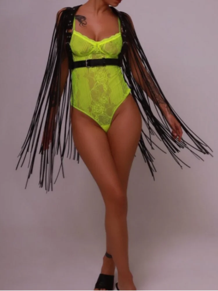 

Unique Sexy Exotic Halloween Women's Black Tassel Dance Dress Suspenders Pu Leather Holiday Party Fashion Costume Accessory New