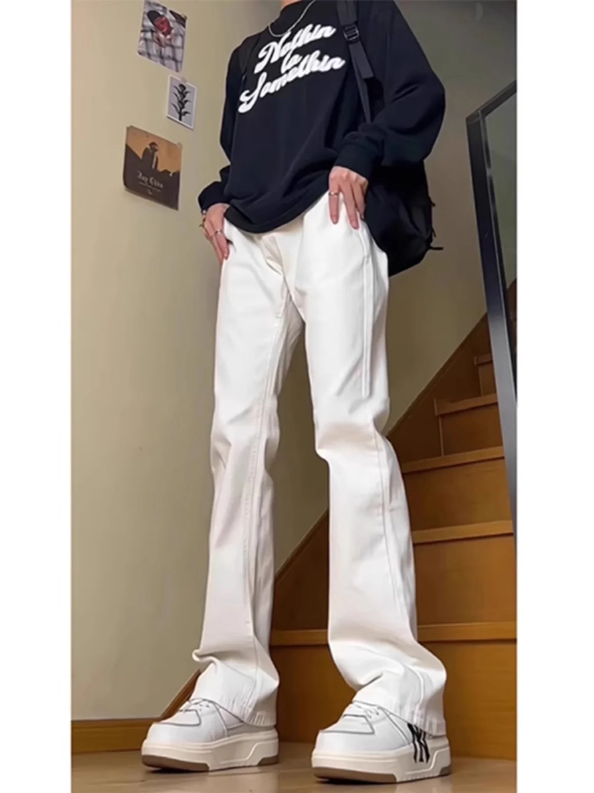 

Cleanfit White Jeans Men's Slim Straight Long Version Elastic Micro Flared Pants High Waist Thiened Youth Trend Wear Resistant