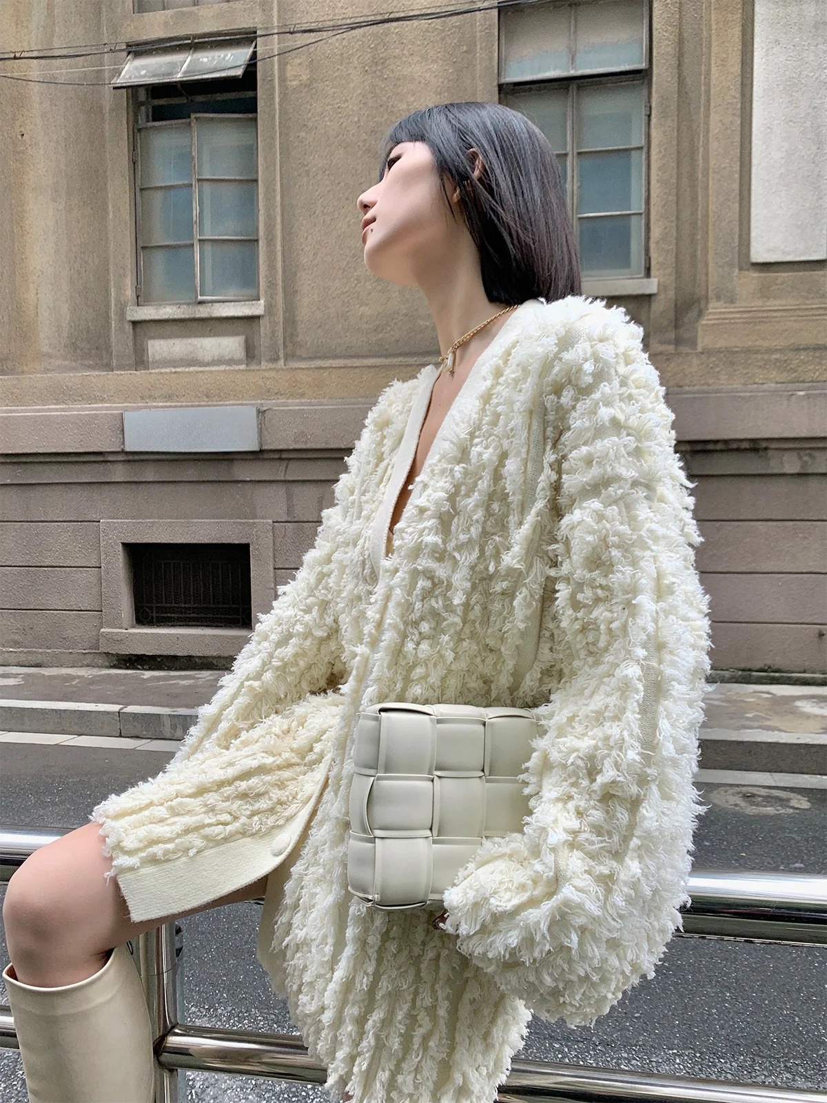 

PAPERLLL Женский тяжелый кардиган Polar Fce Jaet, осенний элегантный открытый кардиган большого размера с v-образным вырезом, длинный свек, корейский слэ