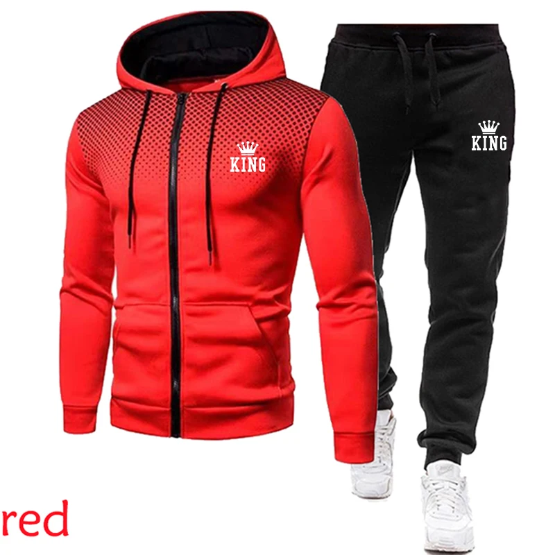 Fashionable men's king print hooded sweatshirt pants two-piece suit pullover sweatshirt casual jogging suit logo warm sports sui