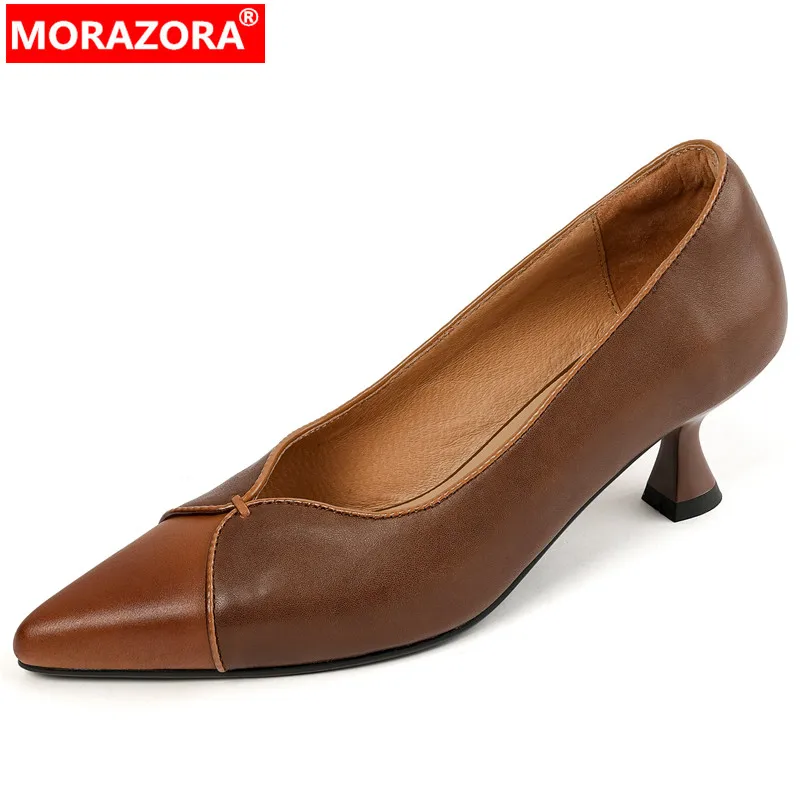 

MORAZORA 2024 New Retro Slip On Genuine Leather Shoes Woman Pointed Toe Mixed Colors Pumps Ladies Thin Med Heels Single Shoes