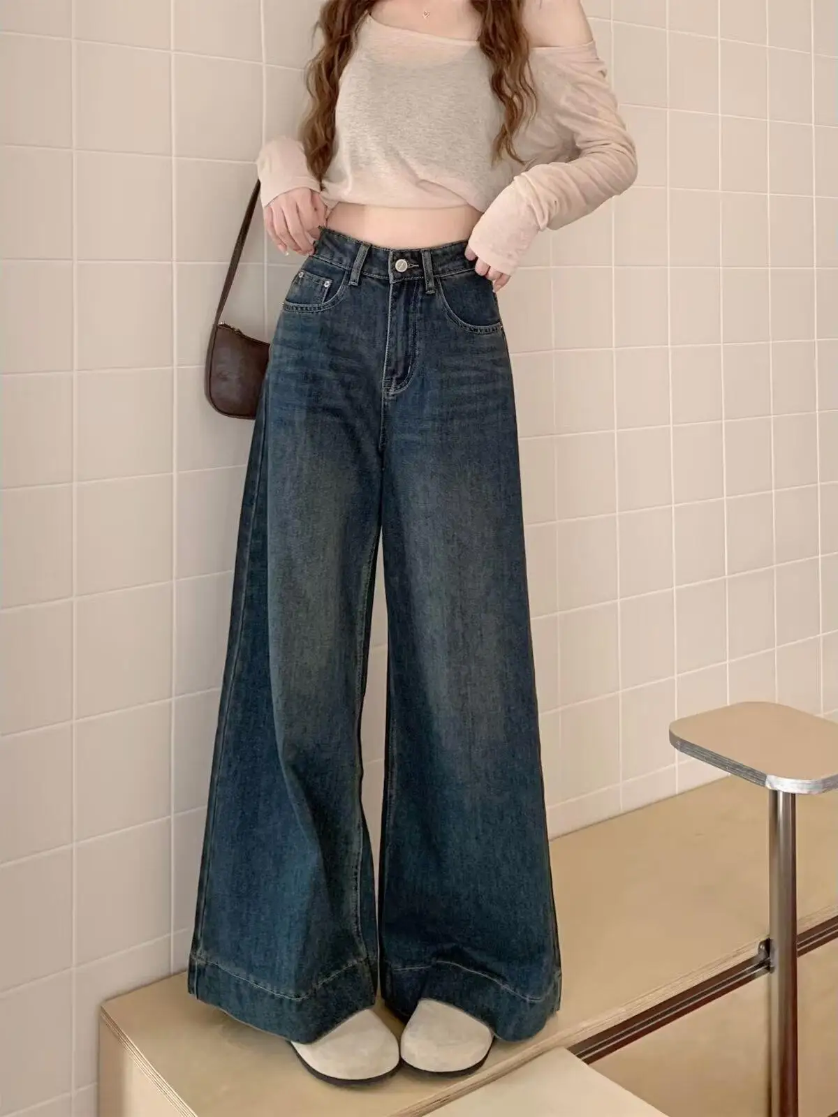 

Американские ретро джинсы-колокольчики с высокой талией и широкими штанинами, женские осенние сезонные джинсы больших размеров, удобные свободные джинсы