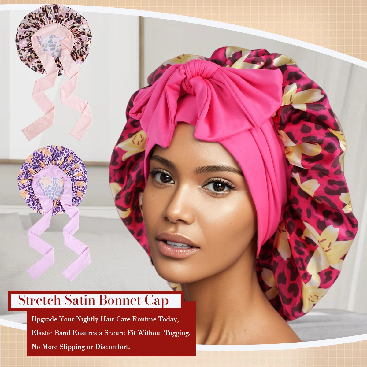 1pc Adjustable Sleep Hair Bonnet, Leopard and Lily Flower Printed Caps for Women, Adjustable Large Night Cap with Long Band