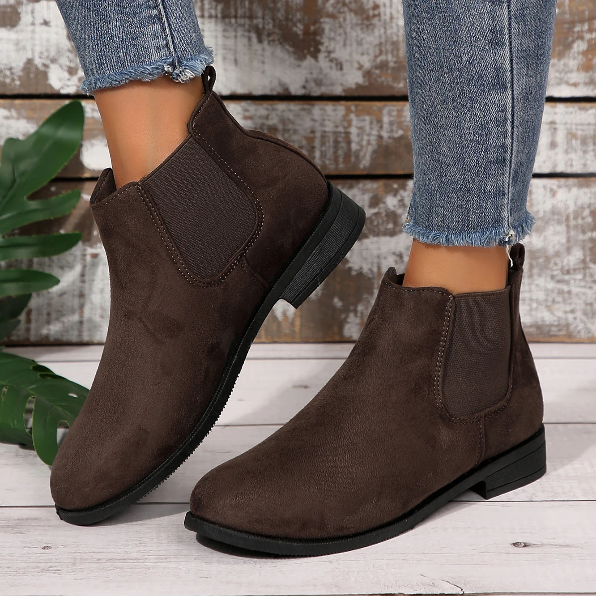 New Round Toe Elastic Band Women Boots Thick Low Heel Slip on Botas Mujer Autumn Winter Short Chelsea Botines Female Flock Botas