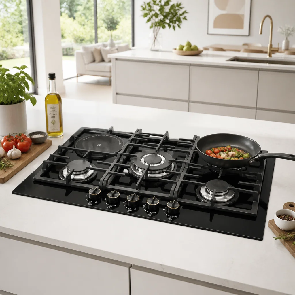 5-Zone Embedded Hybrid Cooktop 4 Gas Burners 1 Ceramic Hob Electronic Ignition Energy-Efficient Class Tempered Gas/Electric