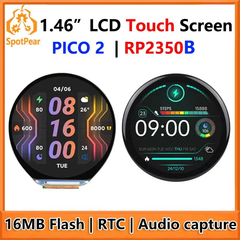 

Raspberry Pi Pico 2 RP2350B 1,46-дюймовый круглый сенсорный ЖК-дисплей 412x412 HMI LVGL QMI8658 6-осевой 65K цвета