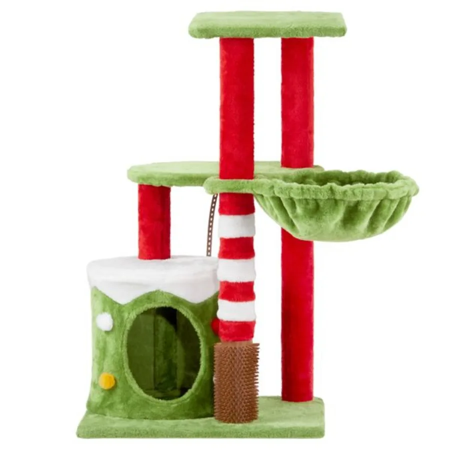 

32in Cat Scratching Posts Tower with Cat Condo and Hammock Christmas Themed Plush Cat Tree with Cat Massage Brush Activity Cent