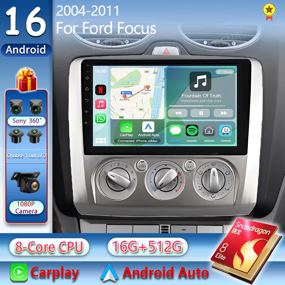 Android 16 For Ford Focus 2 3 Mk2 Mk3 2004-2011 2K QLED Android Car Radio Multimedia Video Player BT Stereo CarPlay Head Unit