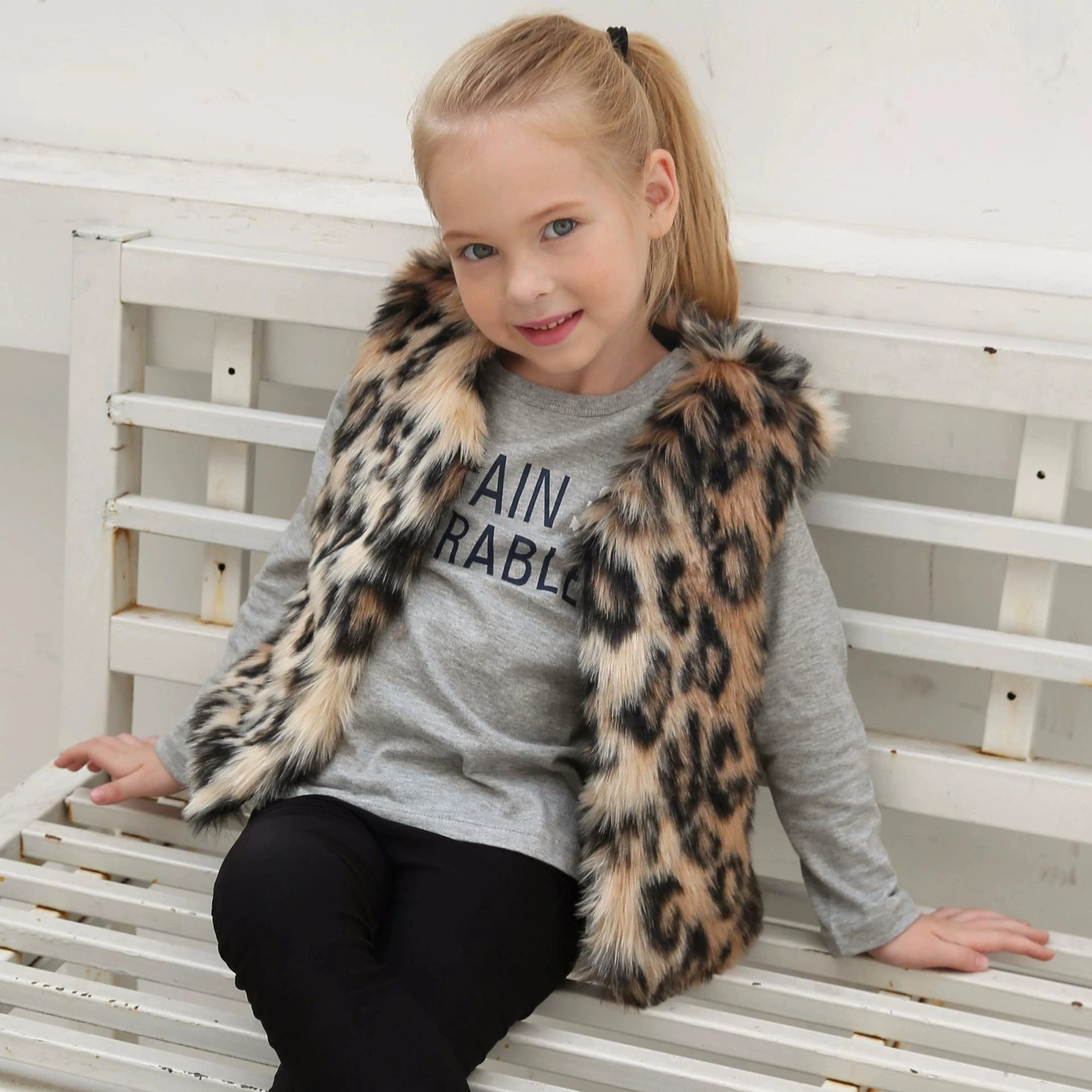 Girls Fashion Gradient Leopard Imitation Fur Vest Children Retro Fashionable Jacket 2025 Autumn Winter New