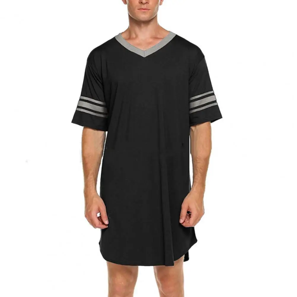 Ropa de estar por Casa de manga corta con cuello en V para hombre, ropa de dormir con estampado a rayas, estilo largo, Color superior a juego, Verano