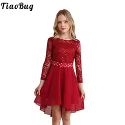 Kids Girls Flower Elegant Party Gown Long Sleeve Lace Chiffon Dress Children Birthday Formal Pageant Wedding Bridesmaid Dresses