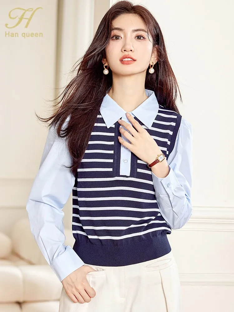 H Han Queen 2024 Spring Autumn Women\'s Blouse Striped Patchwork Vintage Tops Simple Elegant Chiffon Blouse Fashion Casual Shirts