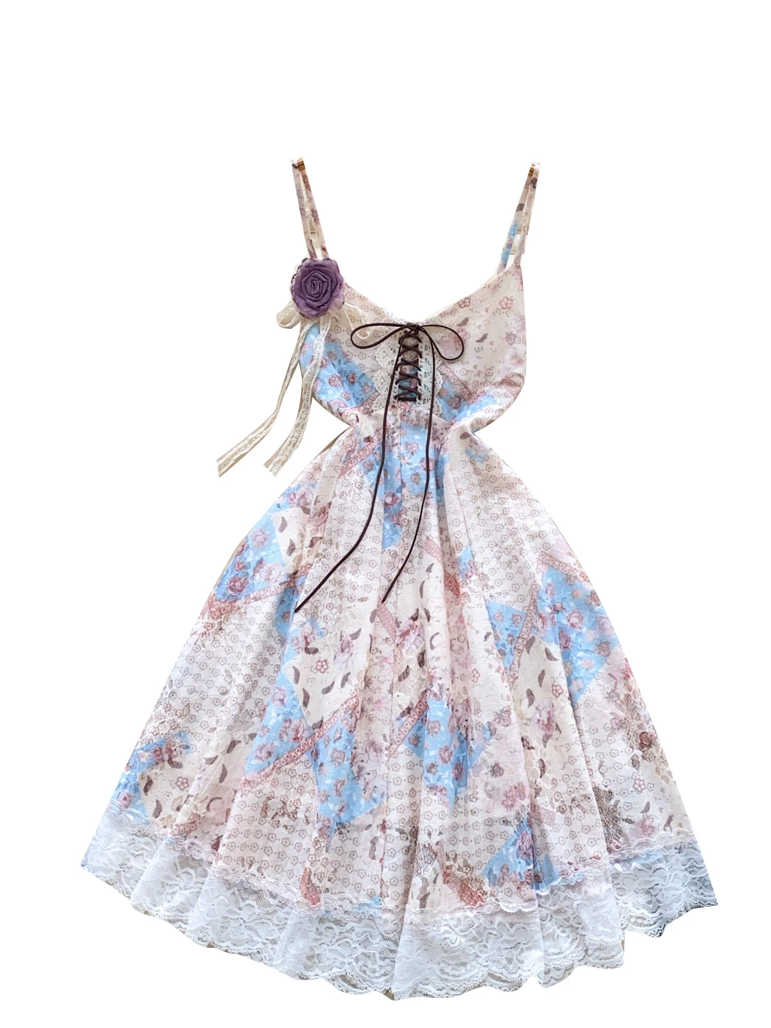 ドーパミン純粋な欲望花柄ホルタードレス女性の夏の結び目 3D フラワーレーストリムスパイシーショートスカート韓国スタイルハイウエスト A ラインドレス