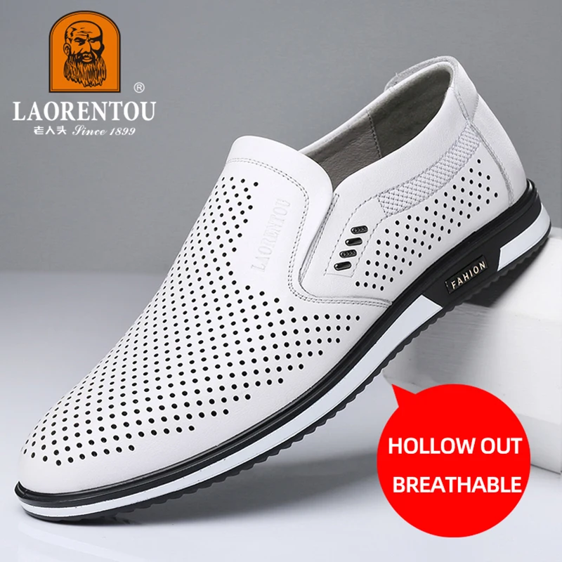 LAORENTOU summer 2024 New White Leather Shoes Hollow Breathable Genuine Leather Casual Men\'s Shoes Small White Shoes 95268