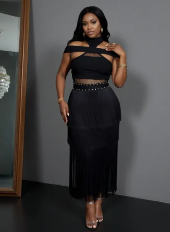 Black And White Round-Neck Off-The-Shoulder Lace Cutout Waist Long Dress With Tassel Decoration Tight Evening Party Outfit