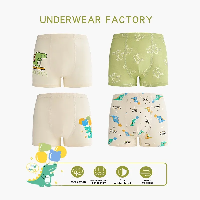 Lindo patrón de dinosaurio de dibujos animados para niños tamaño mediano y grande 95% algodón Clase A algodón calzoncillos tipo bóxer cómodos y transpirables
