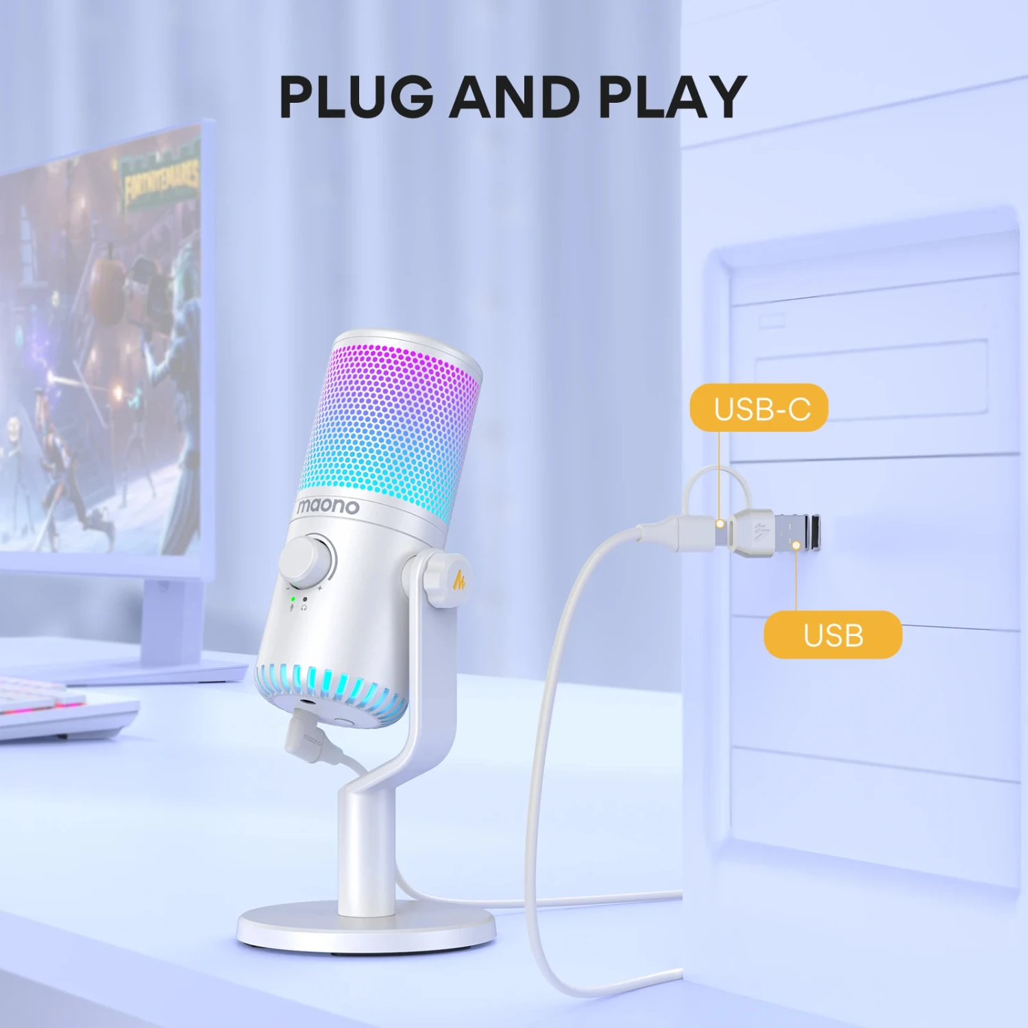 DM30 RGB USB Microphone RGB Gaming Microphone Computer Mic USB Gaming Mic with Mic Gain and RGB   ,Phone