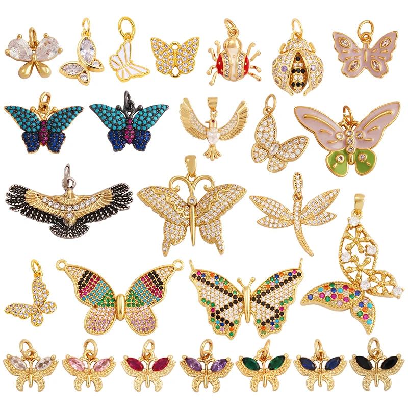 Dainty Butterfly Dragonfly Insect Charm Pendant,Cute Fashion 18K Gold Inlaid Zircon Animal Craft Jewelry Necklace Supplies L35