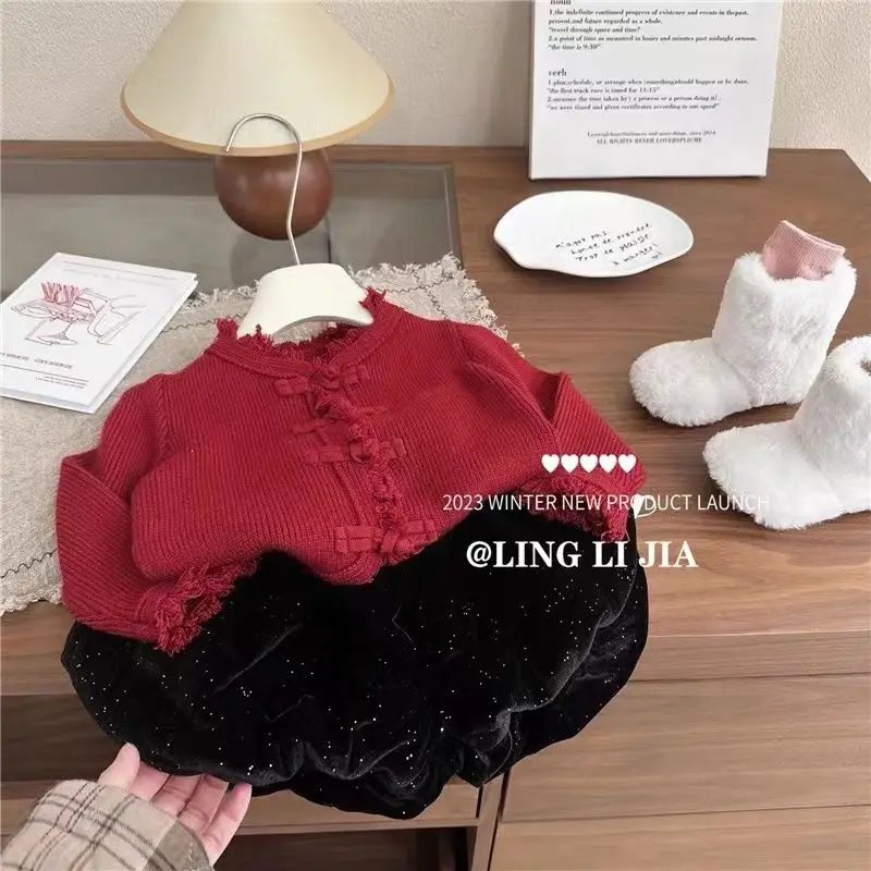 Girls Fringe Round Neck Knit Cardigan Thickened Retro Chinese Knot Buttons New Year Sweater Coat for Baby Girls Festive Fashion