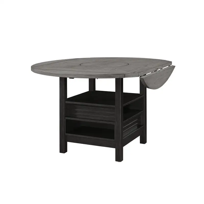 

Contemporary Round Counter Height Table with Storage, Single Pedestal, Drop Leaves, Integrated Turntable, Built-in Shelving,