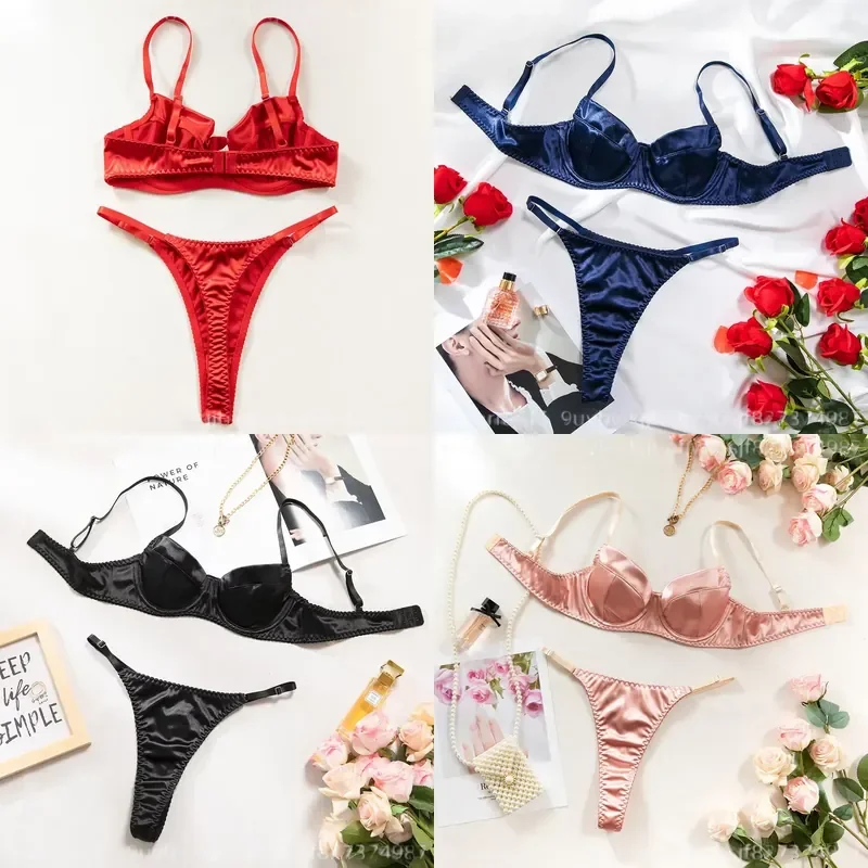 2 Pcs Sexy Bra Set Women Underwear Underwire Push Up Satin Patchwork Bras and Thongs Suits Attractive Lingerie Intimate Set