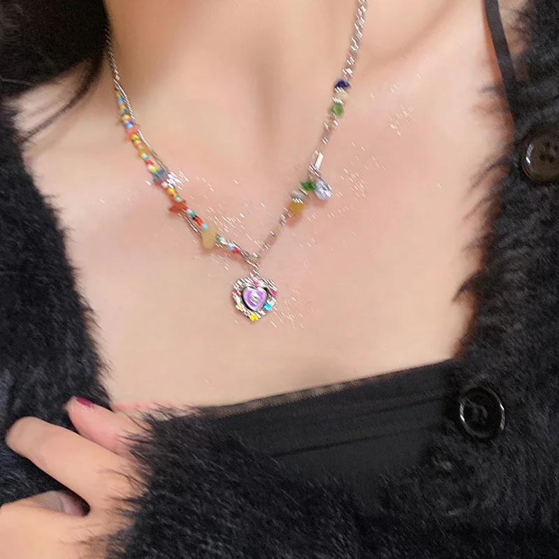 Colorful Diamond Love Heart Natural Water and Rice Bead Stitching Necklace is Niche and Versatile