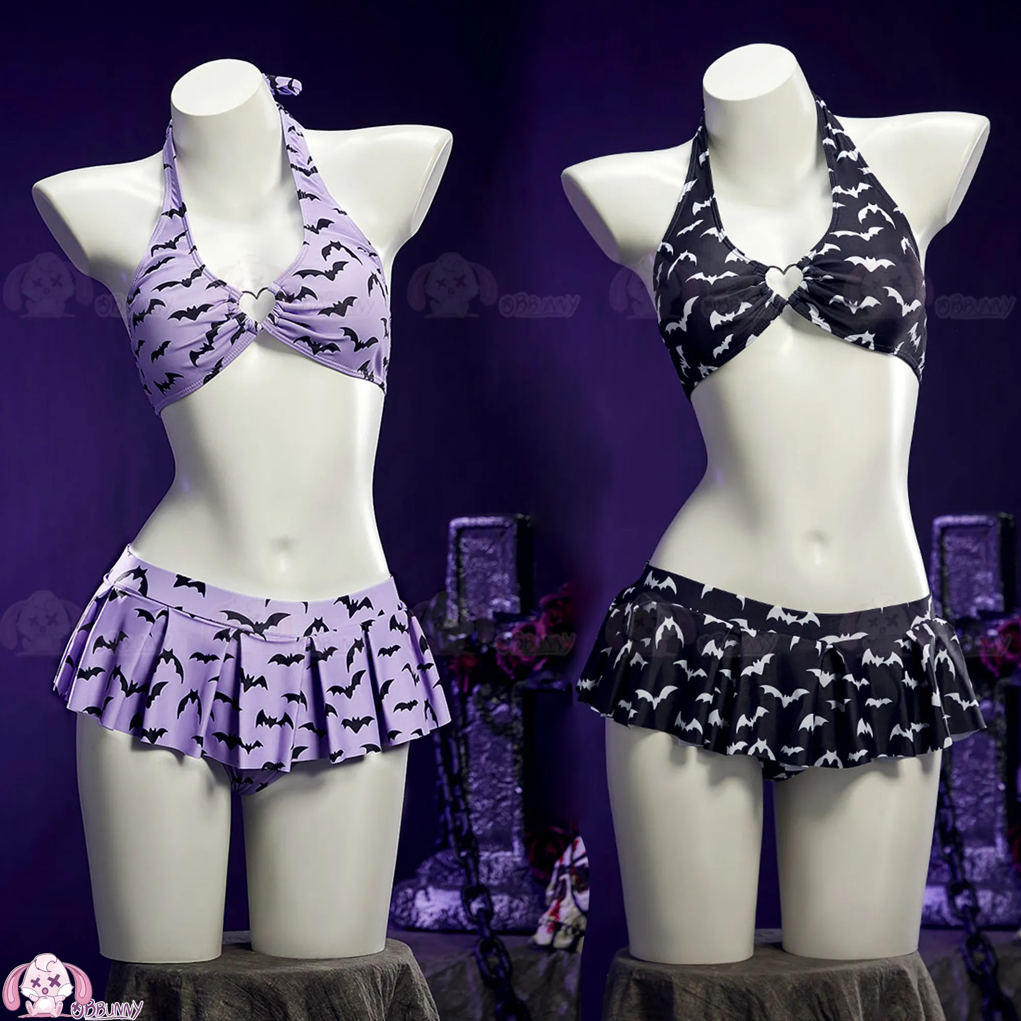 

Women Gothic Bat Print Halter Bikini Skirt Set Heart Cutout Ruffle Skirt Swimsuit Alt Punk Halloween Cosplay Swimwear