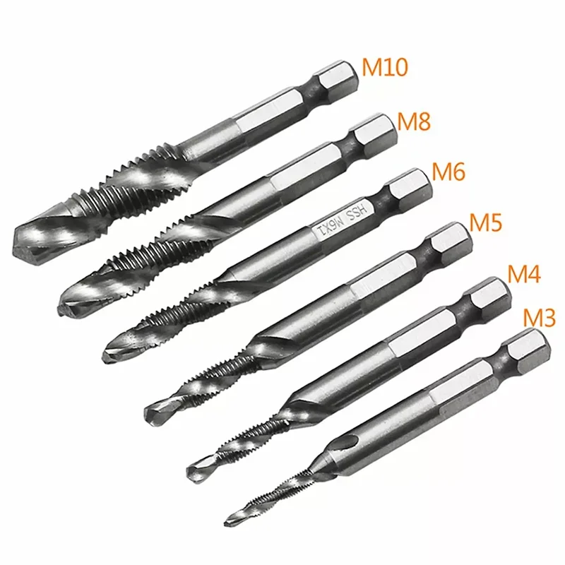 6 Stuks Hex Shank Tap Boor Set HSS Schroefdraad Bit Machine Compound Tap Handje M3 M4 M5 M6 M8 M10 Metrische Draad Boren