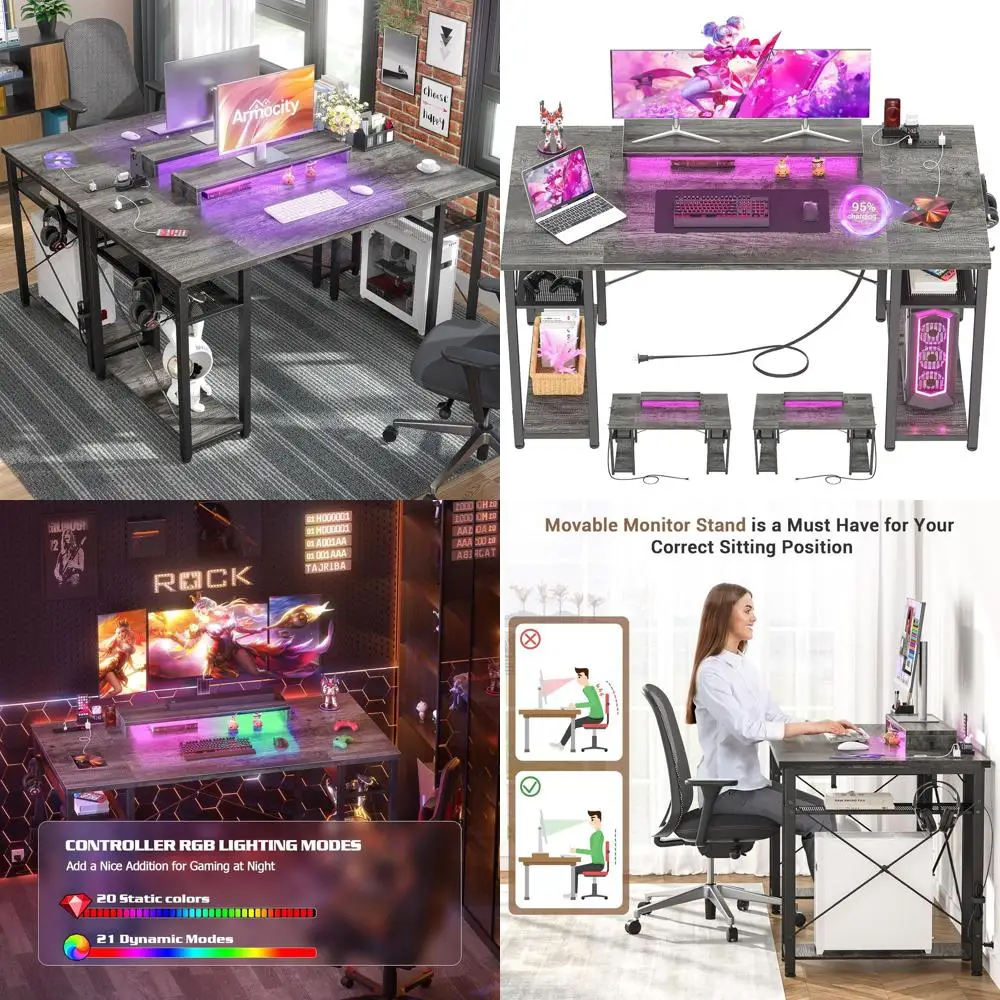 

55 Grey Reversible LED-lit Desk with Power & USB Ports, 55.2 Home Office Gaming PC Desk