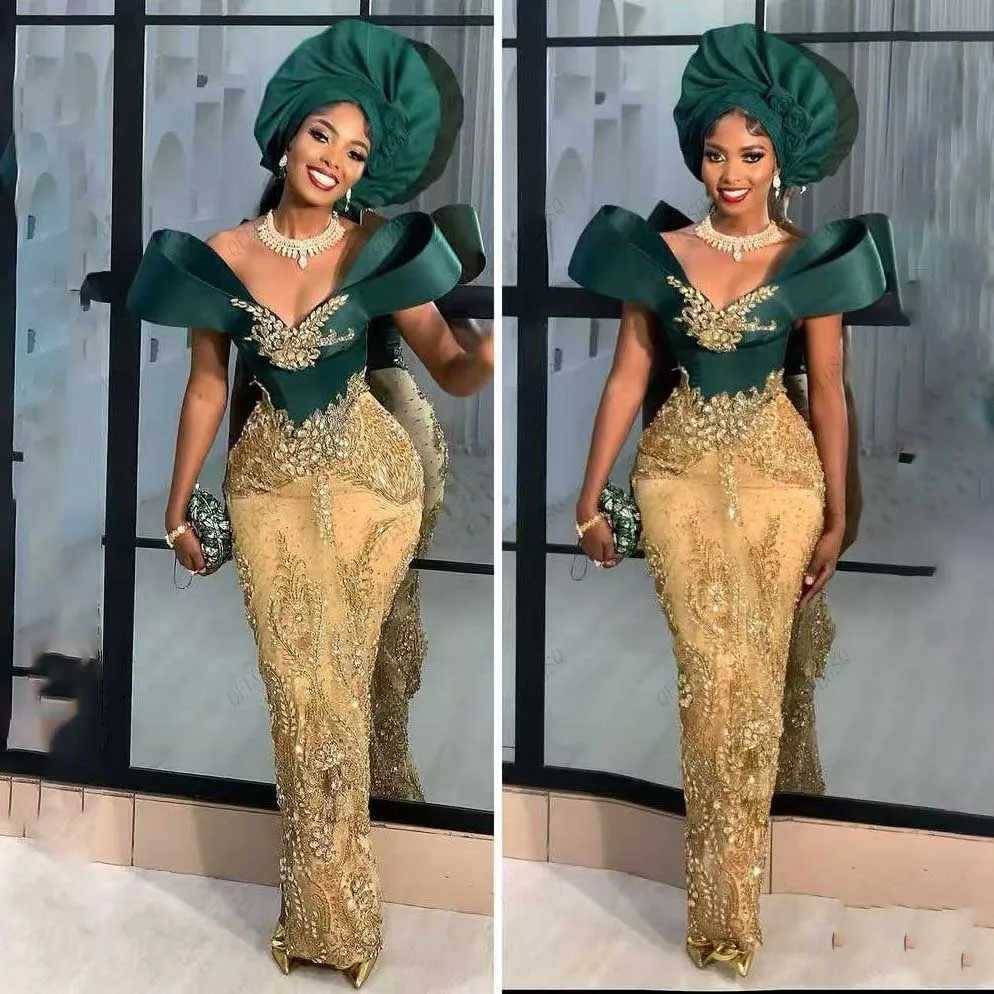 فستان حفلة موسيقية ذهبي أخضر Aso Ebi قبالة الكتف الترتر الديكور فساتين السهرة رائع زين مناسبة رسمية فستان الحفلات