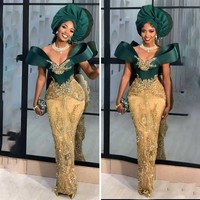 Green Gold Prom Dress Aso Ebi Off The Shoulder Sequin Beading Evening Gowns Gorgeous Applique Formal Occasion Party Dress