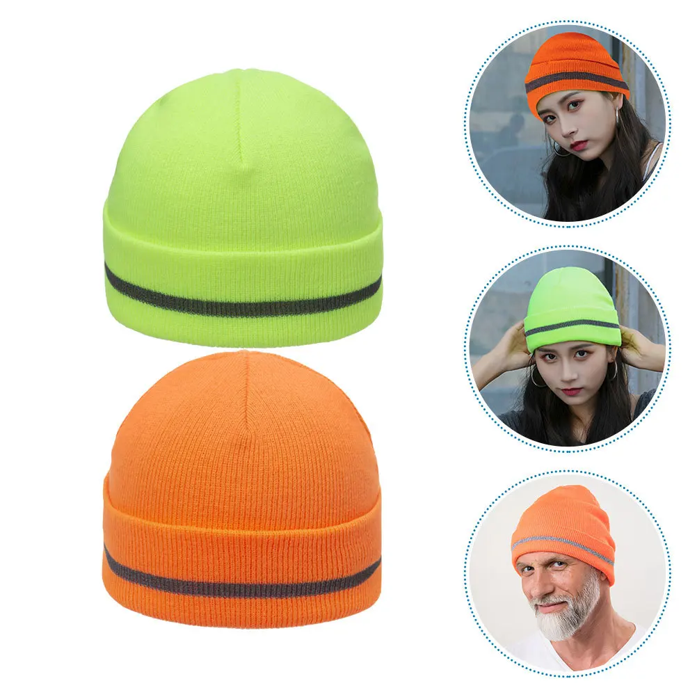 

2Pcs Fluorescent Knit Beanie Hats Rolled Edge Design High Visibility for Night Activities Warm Knit Cap for Men Outdoor Travel