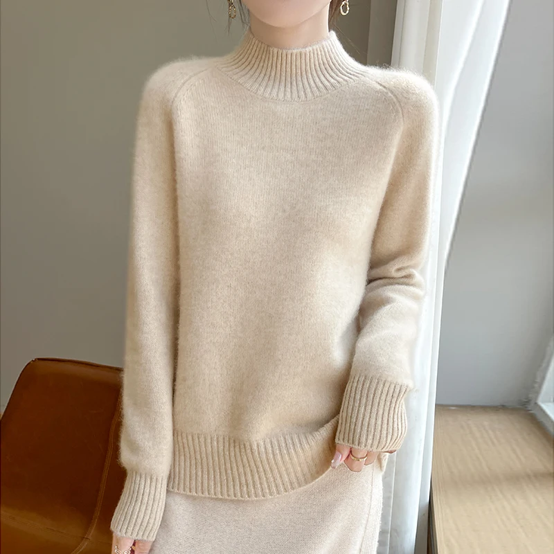 2025 Solid Color Net Surface Pure Wool Sweater Half-High Collar Long Sleeves Autumn and Winter Warm Women's Sweater Pullover