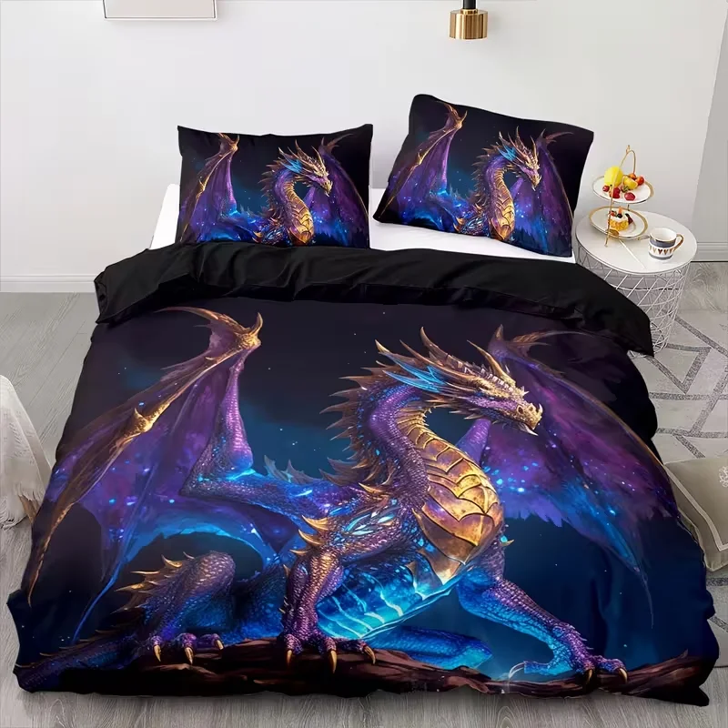 

3pcs Dragon Duvet Cover Set Ancient Wildlife Dragon Bedding Set 3D Dragon Cartoon Double King Bedroom Decor