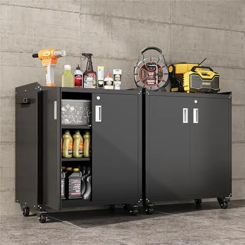 Heavy-Duty Rolling Storage Cabinet, 2-Door Metal Garage Cabinet with 2 Adjustable Shelves, Lockable Wheels & Locking