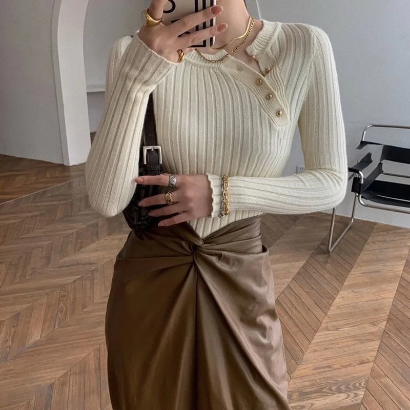 Knitted Sweaters For Women High Quality 2024 Trend Pullover Female Sweater Vintage Brown Striped Cropped Long Sleeve Cute Tops