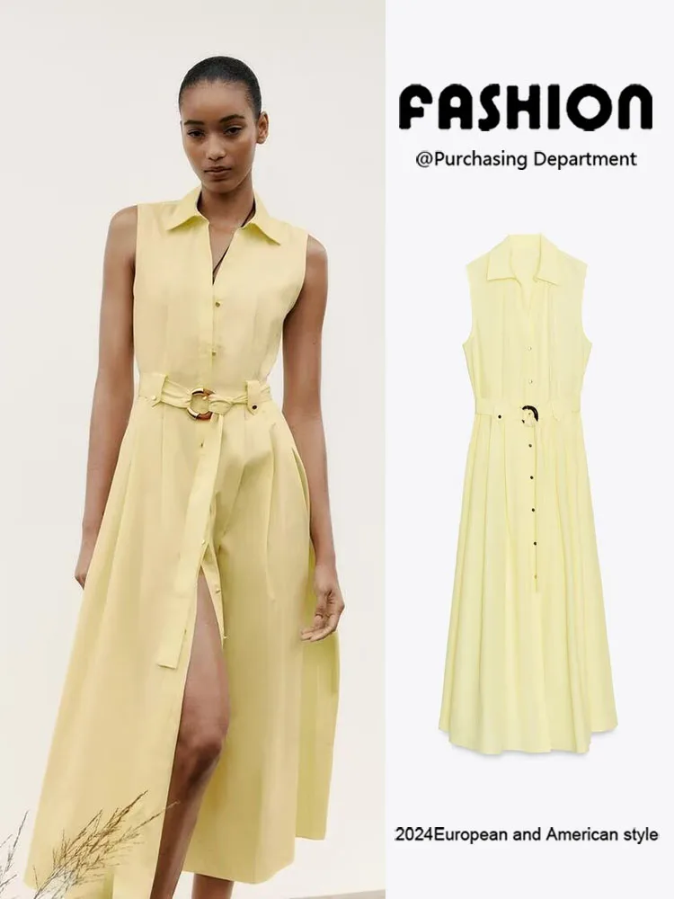 

Summer New Arrival Women's Midi Dr Silk Gauze Svel Turn-down Collar with Belt Ele Faionable 502965
