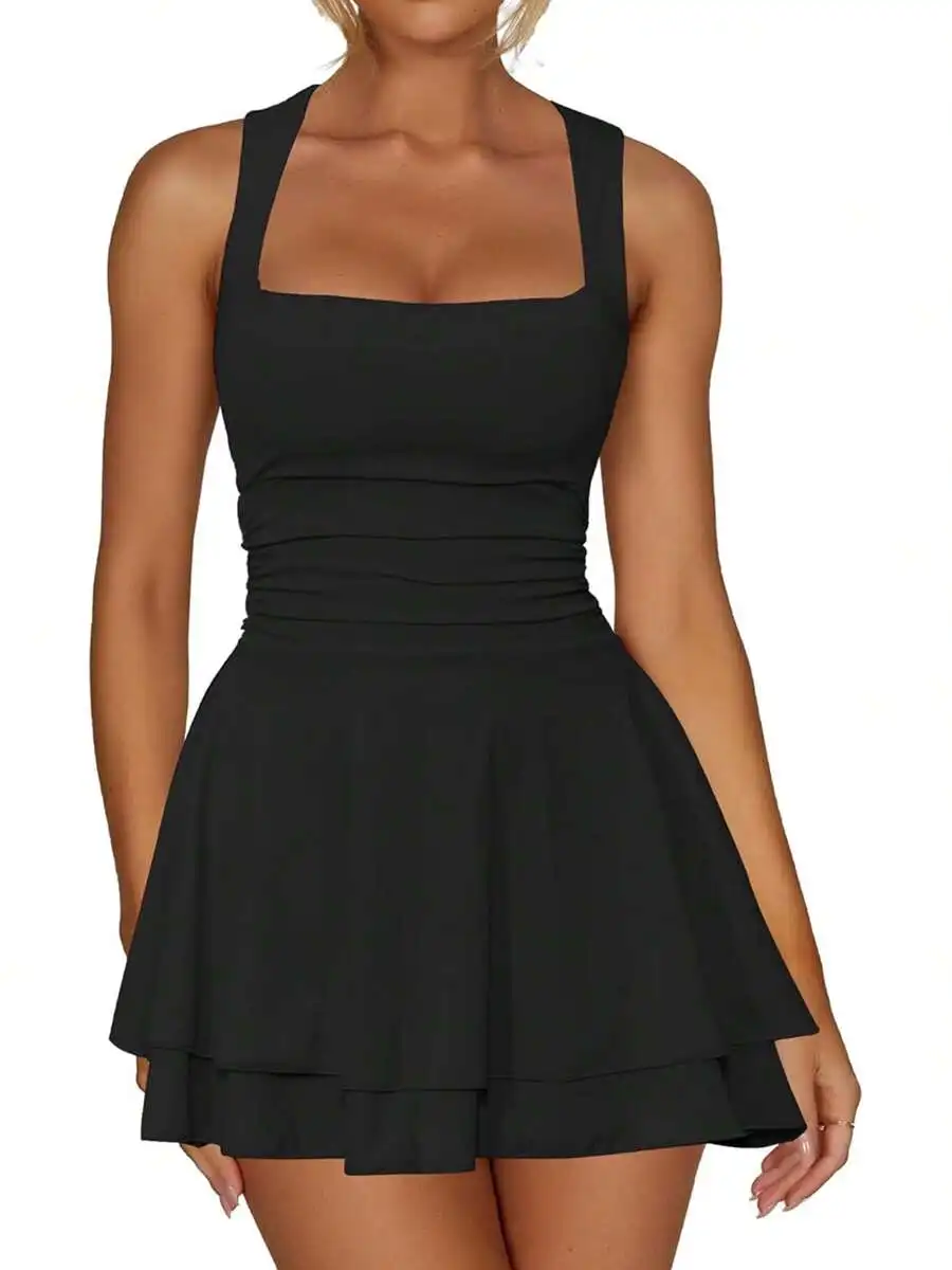Women Square Neck Ruched Waist Ruffle Hem Mini Dress For Party Club view 5