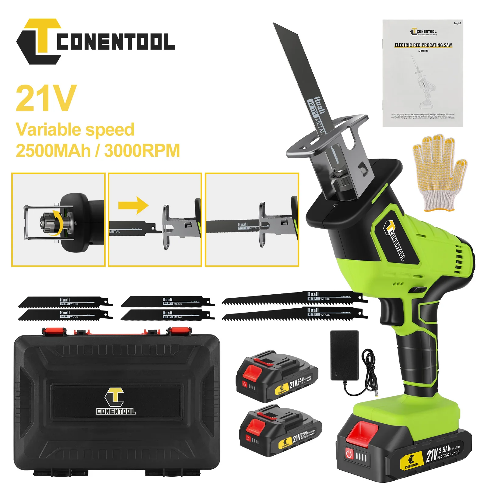 CONENTOOL 21V Cordless Reciprocating Saw, Variable Speed Electric Saw for Metal & Wood with Batteries & 6 Saw Blades